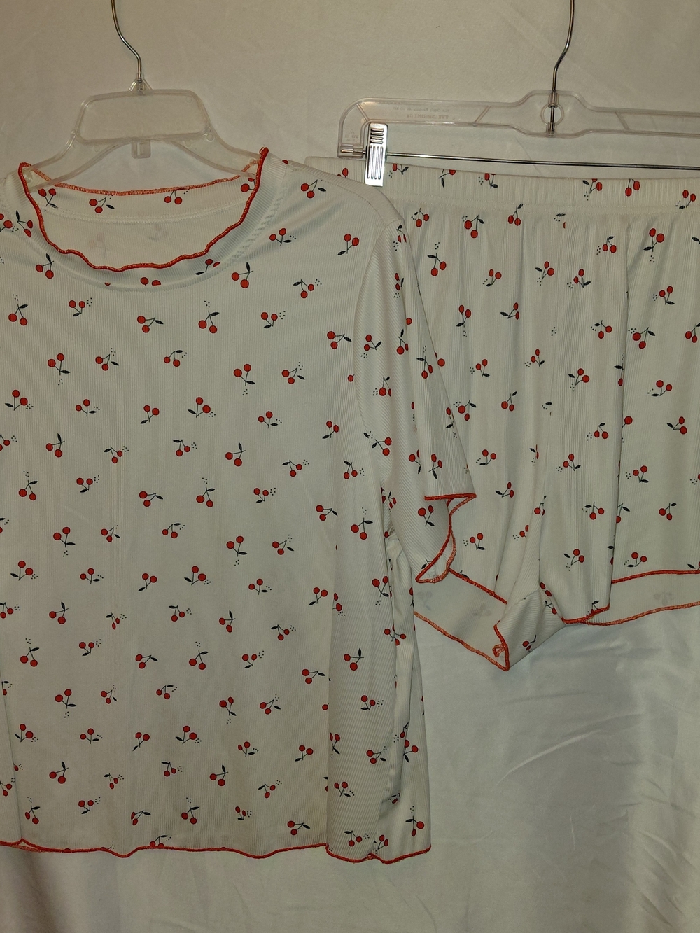 Women's White Cherry Print Pajama Set with Red Trim
